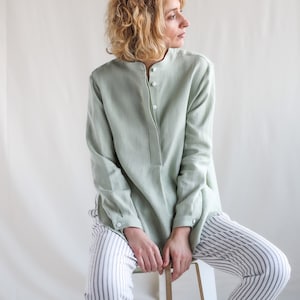 Linen long sleeve mandarin collar shirts. Pull on long shirt made by OFFON CLOTHING