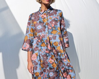 Loose fit blurry flower print shirt dress • OFFON CLOTHING
