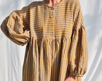 オーバーサイズドロップショルダーストライプリネンドレス GRETA • OFFON CLOTHING