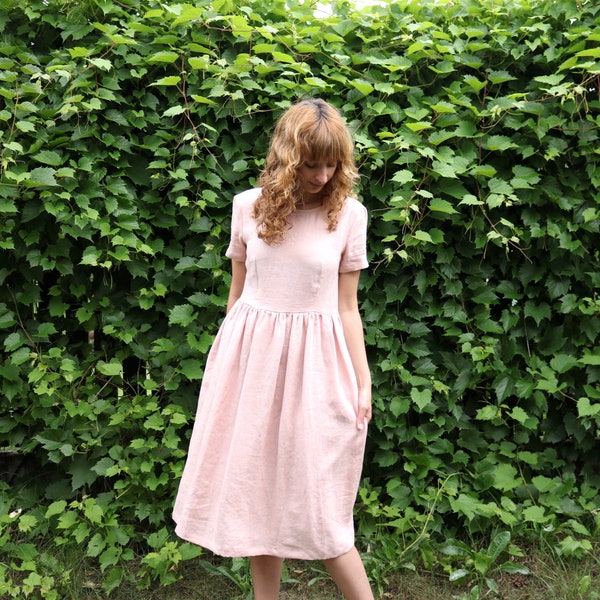 Linen loose short sleeve dress / Dusty rose linen high waist dress - Handmade by OFFON Clothing