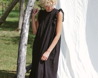 Black plumetis flutter sleeve elegant dress BASILE • OFFON CLOTHING