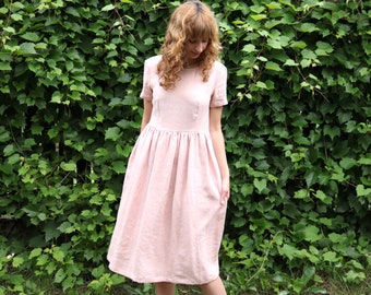 Linnen losse jurk met korte mouwen / Dusty rose linnen hoge taille jurk - Handgemaakt door OFFON Clothing