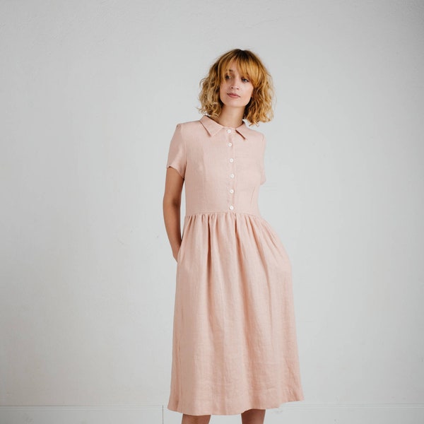 Linen Shirt Dress - Rose Linen Maxi Dress - Short Sleeve Linen Dress - Handmade by OFFON