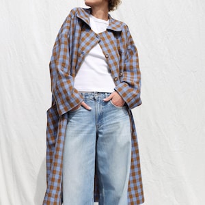 ブルーボンネットチェックのリネンオーバーサイズコート / ダブルブレストリネンオーバーコート / OFFON CLOTHING