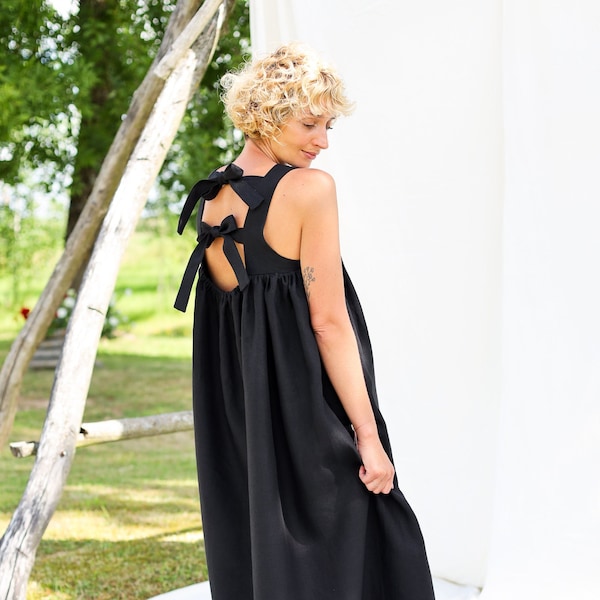 Black linen sleeveless Maxi dress LILOU / OFFON CLOTHING