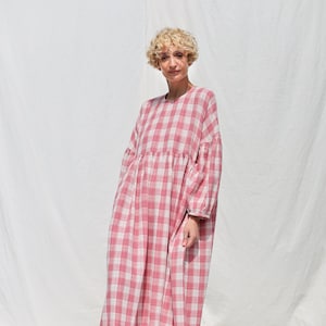 Oversized pink double gauze checks dress GRETA • OFFON CLOTHING
