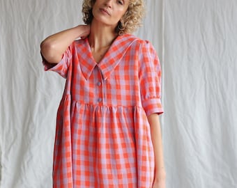 Losse geruite linnen jurk met matrozenkraag AVRIL / OFFON Clothing