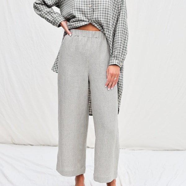 Gestreifte Culottes aus Leinen mit weitem Bein • OFFON Clothing