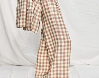 Checkered Linen High Waist Palazzo Trousers • OFFON CLOTHING