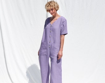 Lockerer Leinen-Jumpsuit mit V-Ausschnitt / OFFON-KLEIDUNG