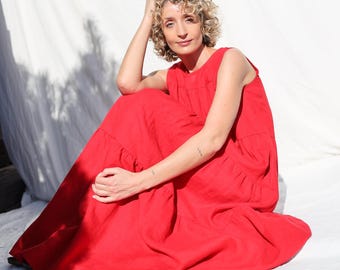 Sleeveless tiered Maxi linen dress JULIE / OFFON CLOTHING