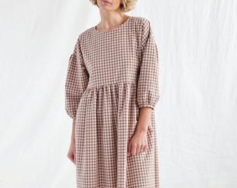 Dropped shoulders pink gingham seersucker dress PERLA • OFFON CLOTHING