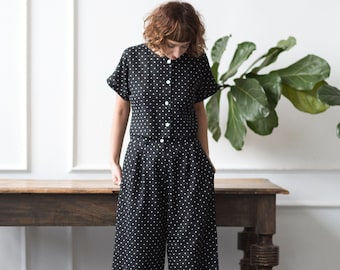 Linen Suit in Polka Dot / Linen Culottes and Cropped Linen Blouse Set / OFFON Clothing