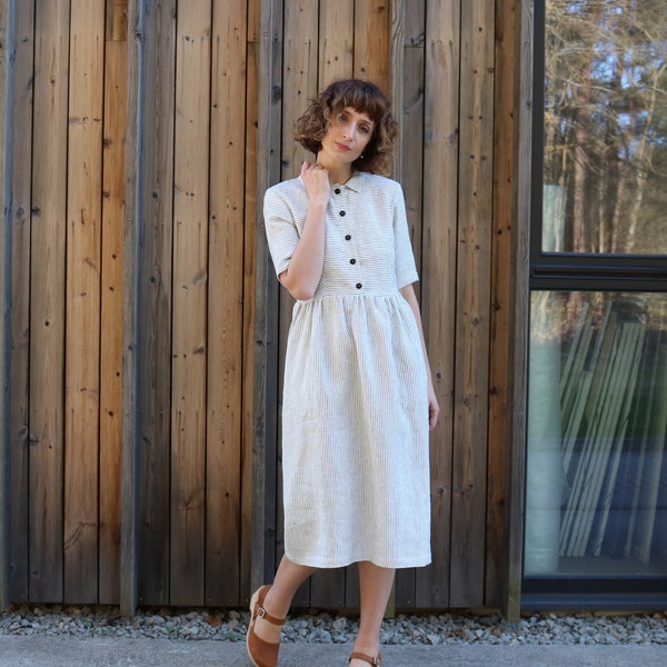 Fitted short sleeve striped linen shirtdress / OFFON CLOTHING