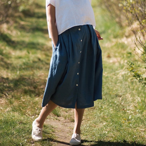 Linen Button Down Skirt in Midi Length / Pleated Linen Skirt / - Etsy