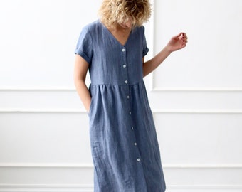 Linen dress with button closure in denim blue color / OFFON Clothing