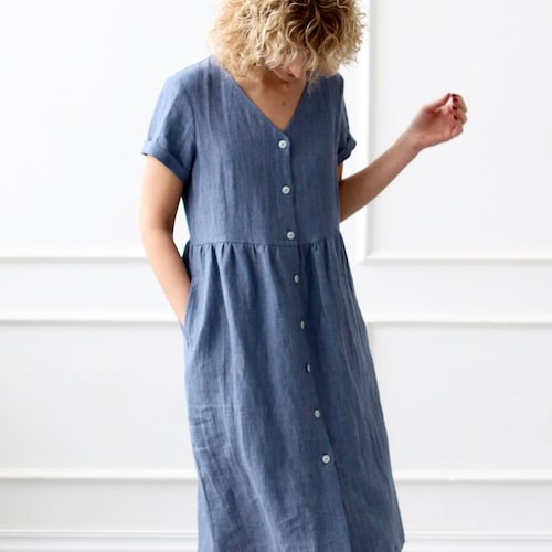 Linen Dress With Button Closure in Denim Blue Color/offon - Etsy