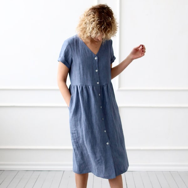 Linen dress with button closure in denim blue color / OFFON Clothing