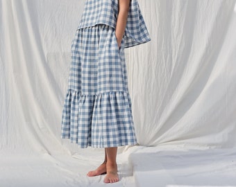 Checkered linen skirt with ruffled hem • OFFON CLOTHING