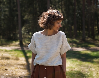 Striped Linen Top/Short Sleeve Top/Linen Blouse/Women Top/Handmade by OFFON