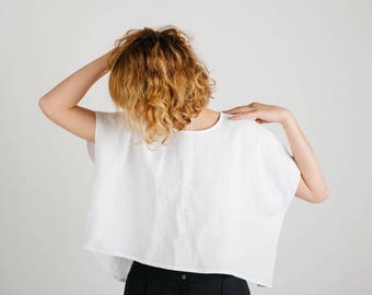 Linen Top - White Linen Oversize Fit Top - Cropped Hem Top - Handmade by OFFON
