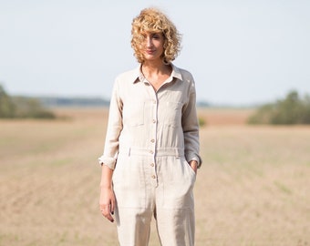 Linen long sleeve coverall in beige/OFFON CLOTHING