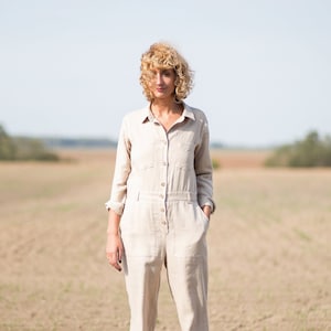 Linen long sleeve coverall in beige/OFFON CLOTHING
