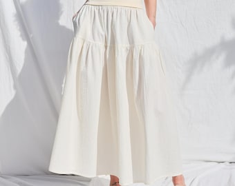 Seersucker Maxi Summer Skirt with Elastic Waist by OFFON CLOTHING