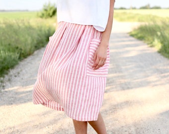 Linen Patch Pocket Skirt in Stripes / Handmade by OFFON Clothing