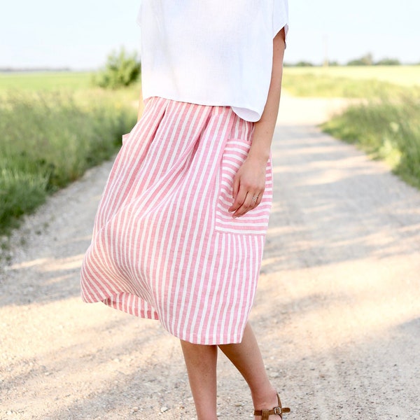 Linen Patch Pocket Skirt in Stripes / Handmade by OFFON Clothing