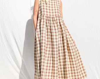 Sleveless linen smock dress in checks • OFFON CLOTHING