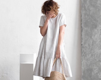 Striped linen dress / Loose linen dress / Short sleeve linen dress - Handmade by OFFON CLOTHING