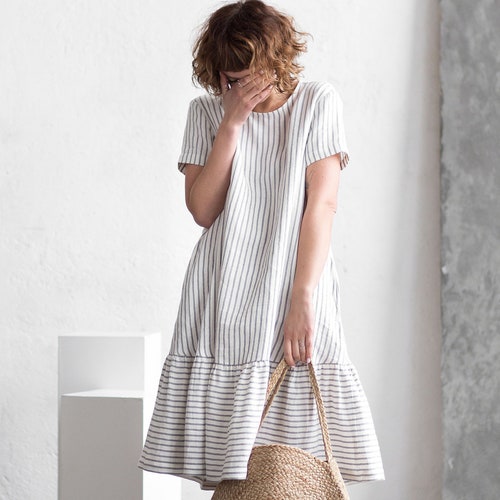 Striped linen dress / Loose linen dress / Short sleeve linen dress - Handmade by OFFON CLOTHING