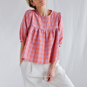 Seersucker checks puffy sleeve blouse • OFFON CLOTHING