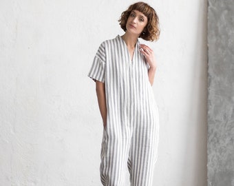 Striped Linen Jumpsuit / Summer Linen Overall / Linen Jumpsuit - Handmade by OFFON