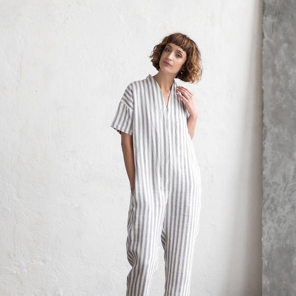 Striped Linen Jumpsuit / Summer Linen Overall / Linen Jumpsuit - Handmade by OFFON