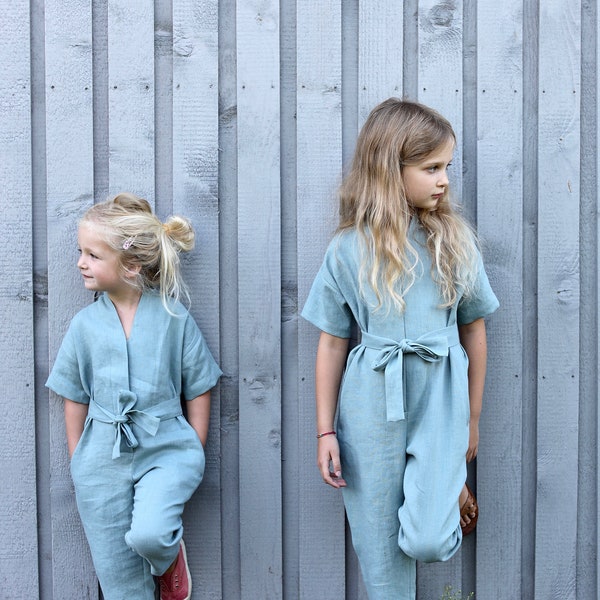 Mädchen Leinen Jumpsuit / Kinder Leinen Kimono Overall / OFFON KLEIDUNG