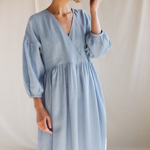 Linen V-neck puffy sleeve dress / OFFON CLOTHING image 7