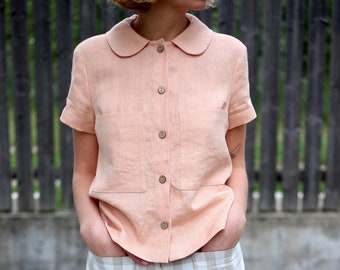 Linen short sleeve shirts in almost apricot / OFFON CLOTHING