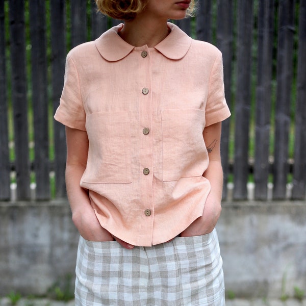 Linen short sleeve shirts in almost apricot / OFFON CLOTHING