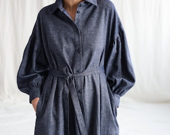 Linen wool shirtdress with dropped puffy sleeves • OFFON Clothing