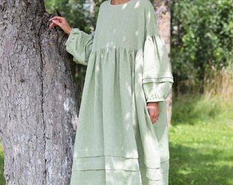 Oversized Linen Dress with Pleated Details in Leaf Green Melange - Handmade by OFFON CLOTHING