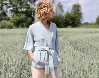 Wrap linen loose fit jacket / OFFON CLOTHING