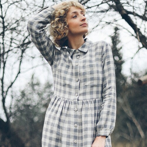 Linen checkered dress / Linen button up MIDI dress / OFFON CLOTHING