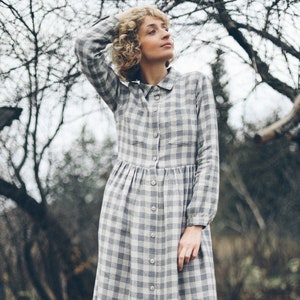 Linen checkered dress / Linen button up MIDI dress / OFFON CLOTHING