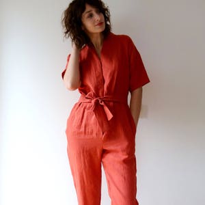 Linen Jumpsuit In Burnt Orange Short Sleeve Romper Linen Overall Handmade by OFFON image 4