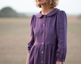 Linen midi button up Peter Pan collar dress / OFFON CLOTHING