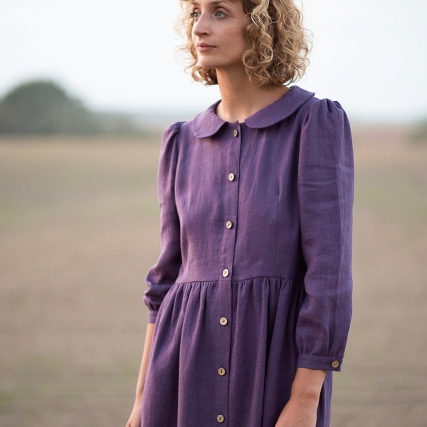 Linen midi button up Peter Pan collar dress / OFFON CLOTHING