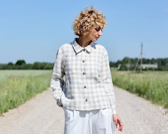 Checkered linen long sleeve overshirt / OFFON CLOTHING