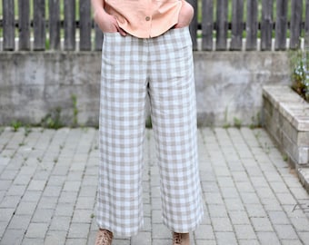 Checkered Linen High Waist Women Culottes/Wide Leg Linen Pants/OFFON CLOTHING